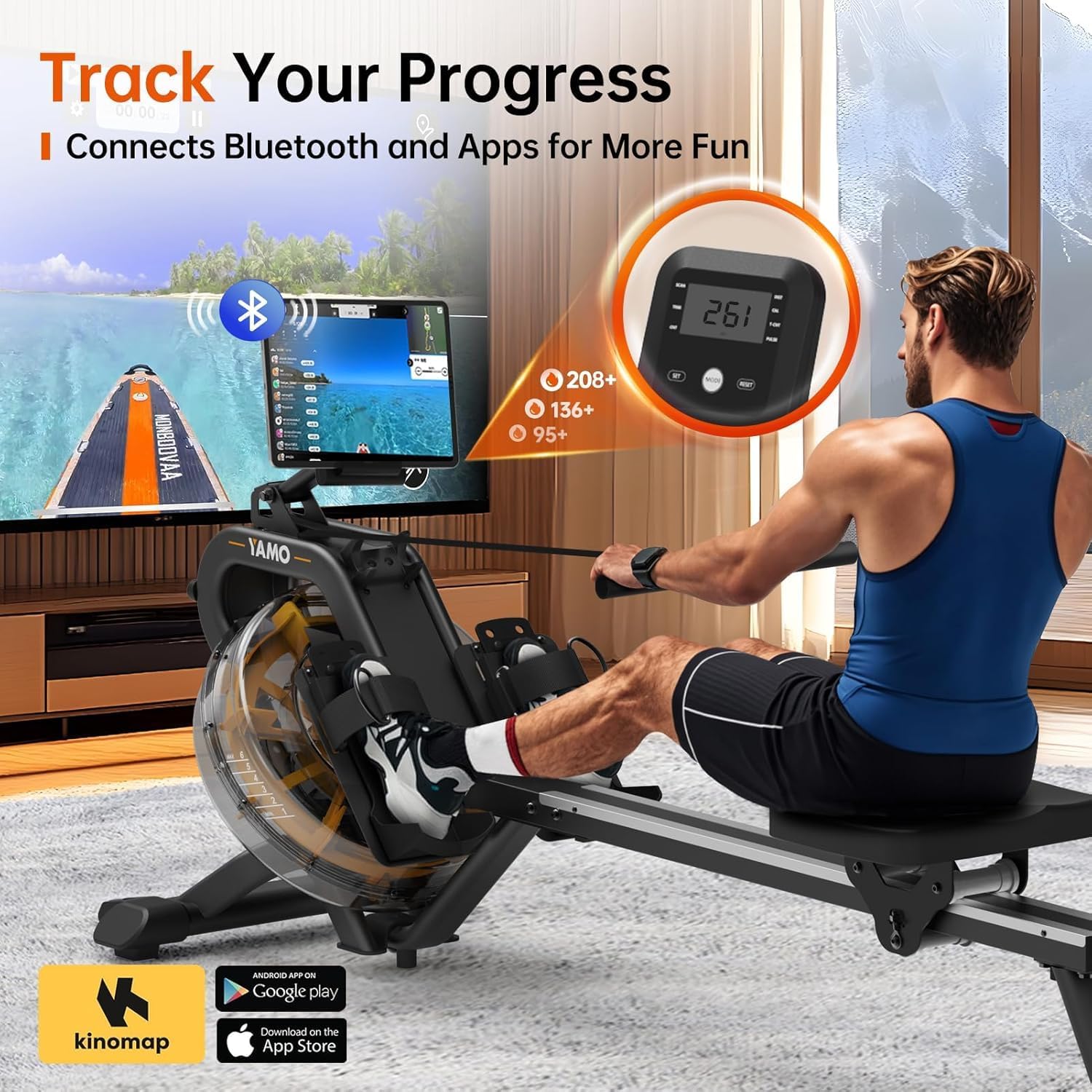 YAMO Water Rowing Machine for Home, Row Machine with 330LB Weight Capacity, Support Bluetooth & Compatible with Apps, Water Row Machine with Comfortable Seat and Tablet Holder - Image 5