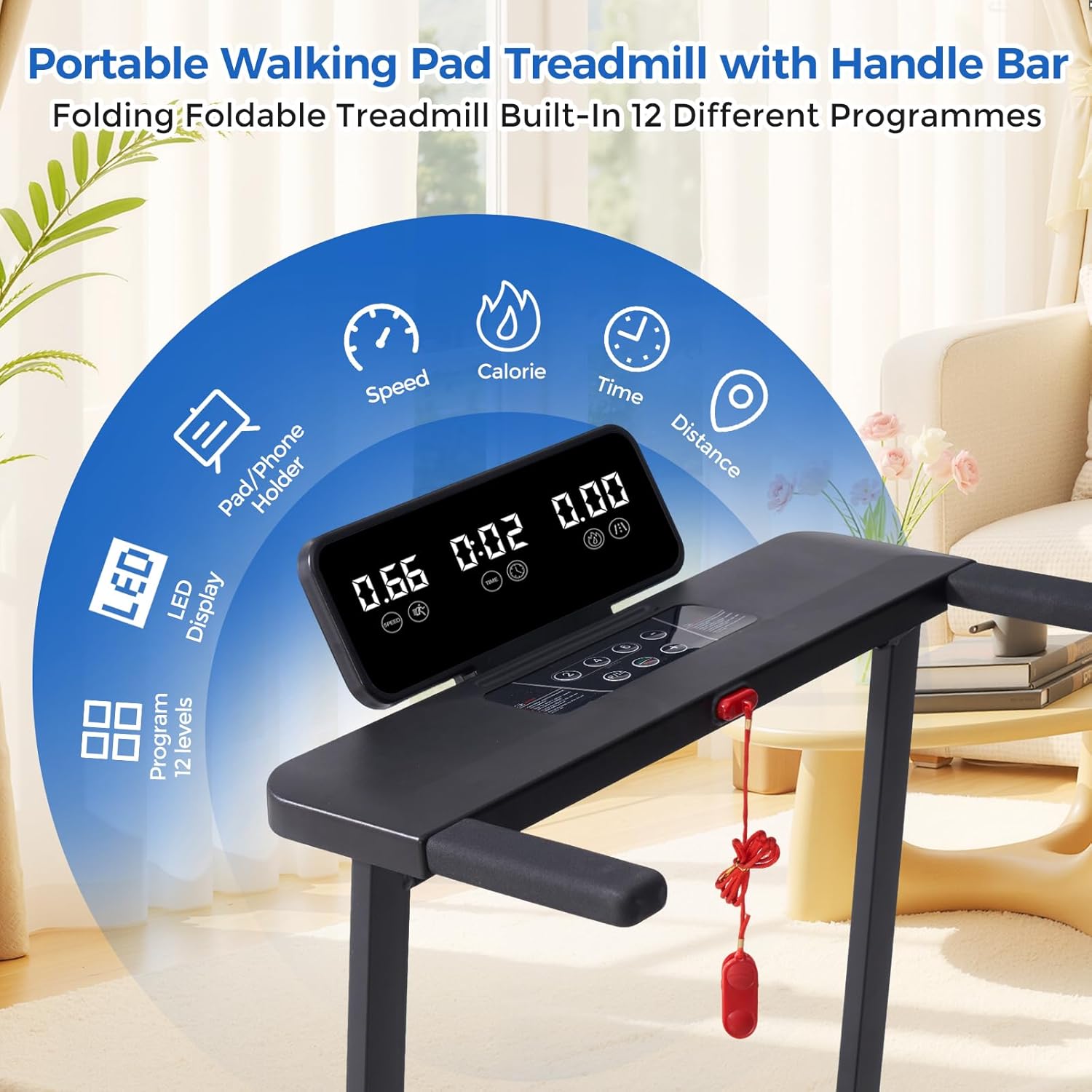 Walking Pad Treadmill with Handle Bar, Compact Portable Treadmills for Home Small, Electric Walking Pads with Handles, 3.5HP Quiet Motor and LED Display, 400 LBS Capacity - Image 2