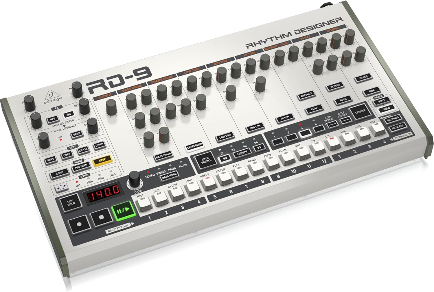 Behringer RHYTHM DESIGNER RD-9 Classic Analog/Digital Drum Machine with 11 Drum Sounds, 64-Step Sequencer, Wave Designer and Dual-Mode Filter - Image 3