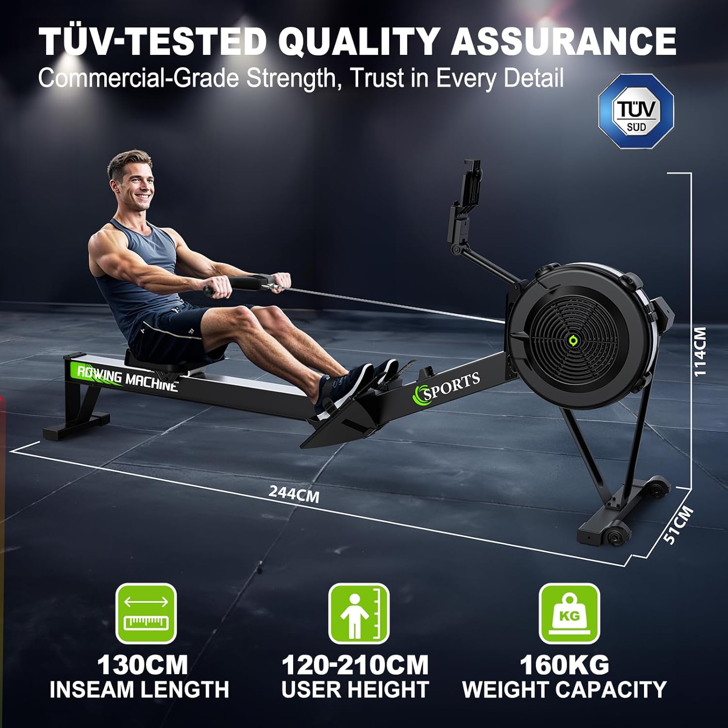 Rowing Machines for Home: 10 Level Air Resistance Professional Rowing Machine with Bluetooth Backlit Display, Tablet Holder, APP Compatible, Easy Storage - Image 3