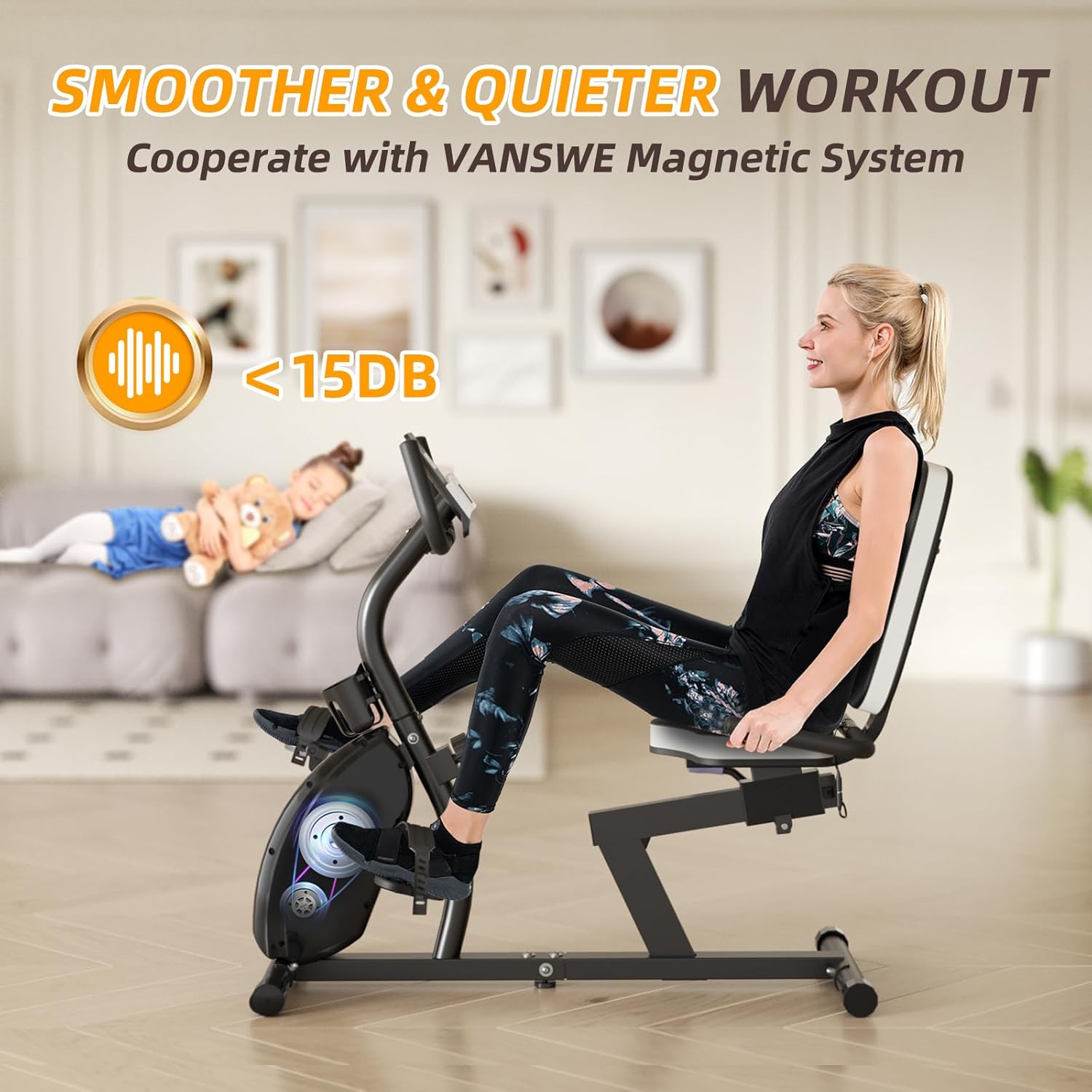 VANSWE Recumbent Exercise Bike for Adults Seniors - Recumbent Bikes for Home with Magnetic Resistance, Bluetooth and App Connectivity, Pulse Sensor - Image 3