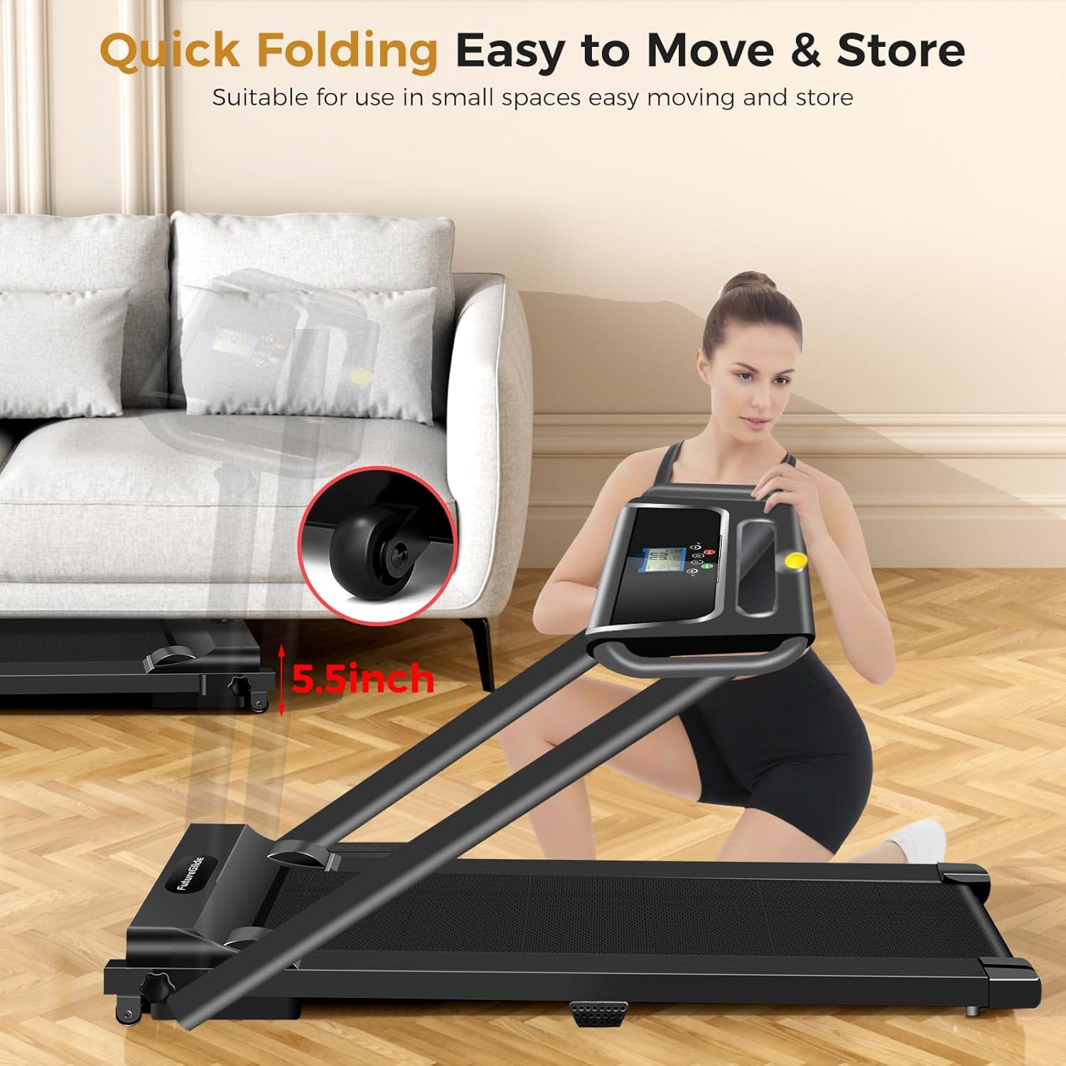 Portable Treadmill with Handle, 3.0HP Walking Pad Treadmill, Electric Compact Treadmills,Treadmills for Home Small Space with 12 Preset Programs, Walking Pad with Handle,300 LBS Capacity(Black Red) - Image 4