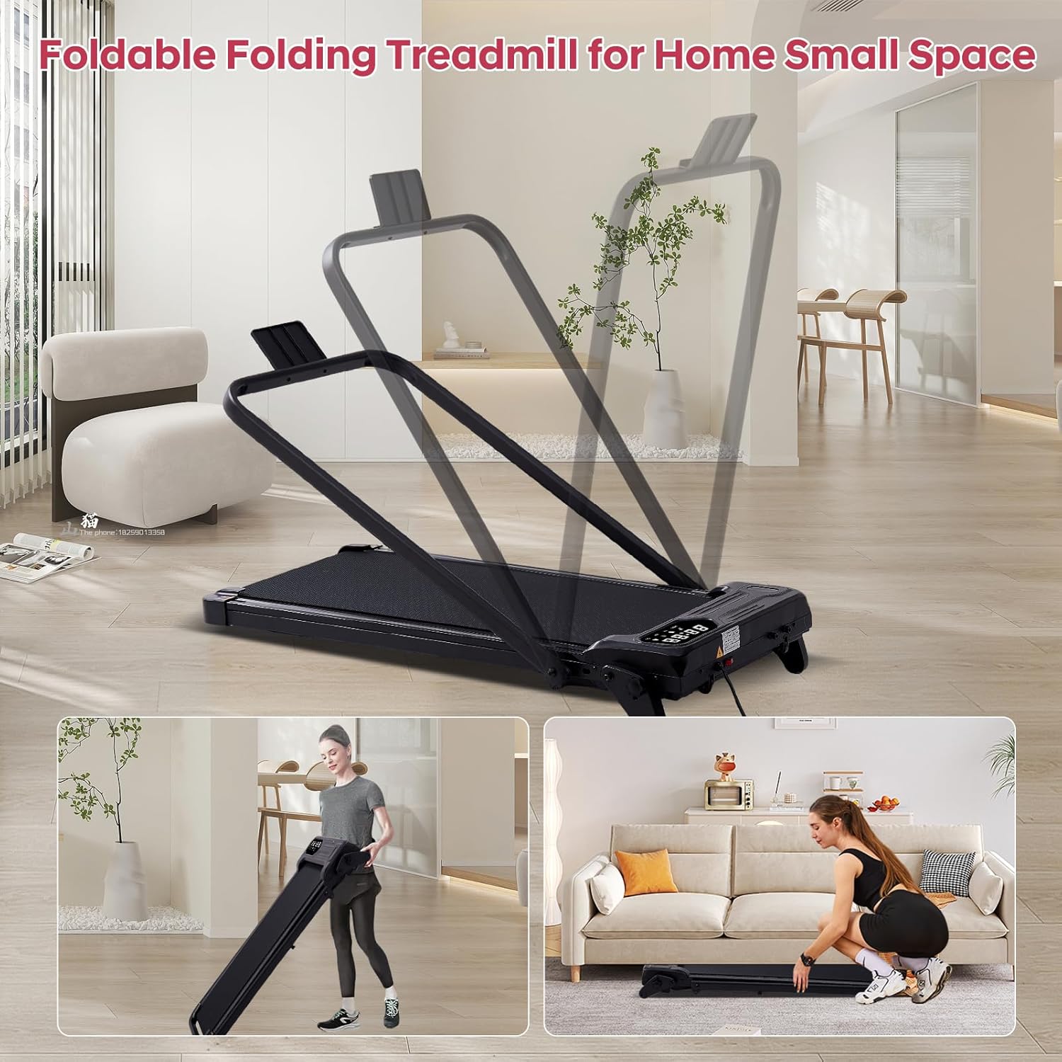 Foldable Walking Pad Treadmill with Adjustable Incline and Handle Bar, 3.5HP Portable Folding Treadmills for Home Small, 4 in 1 Under The Desk Electric Treadmill with Handles, 0.6-7.6MPH, 350LBS - Image 8
