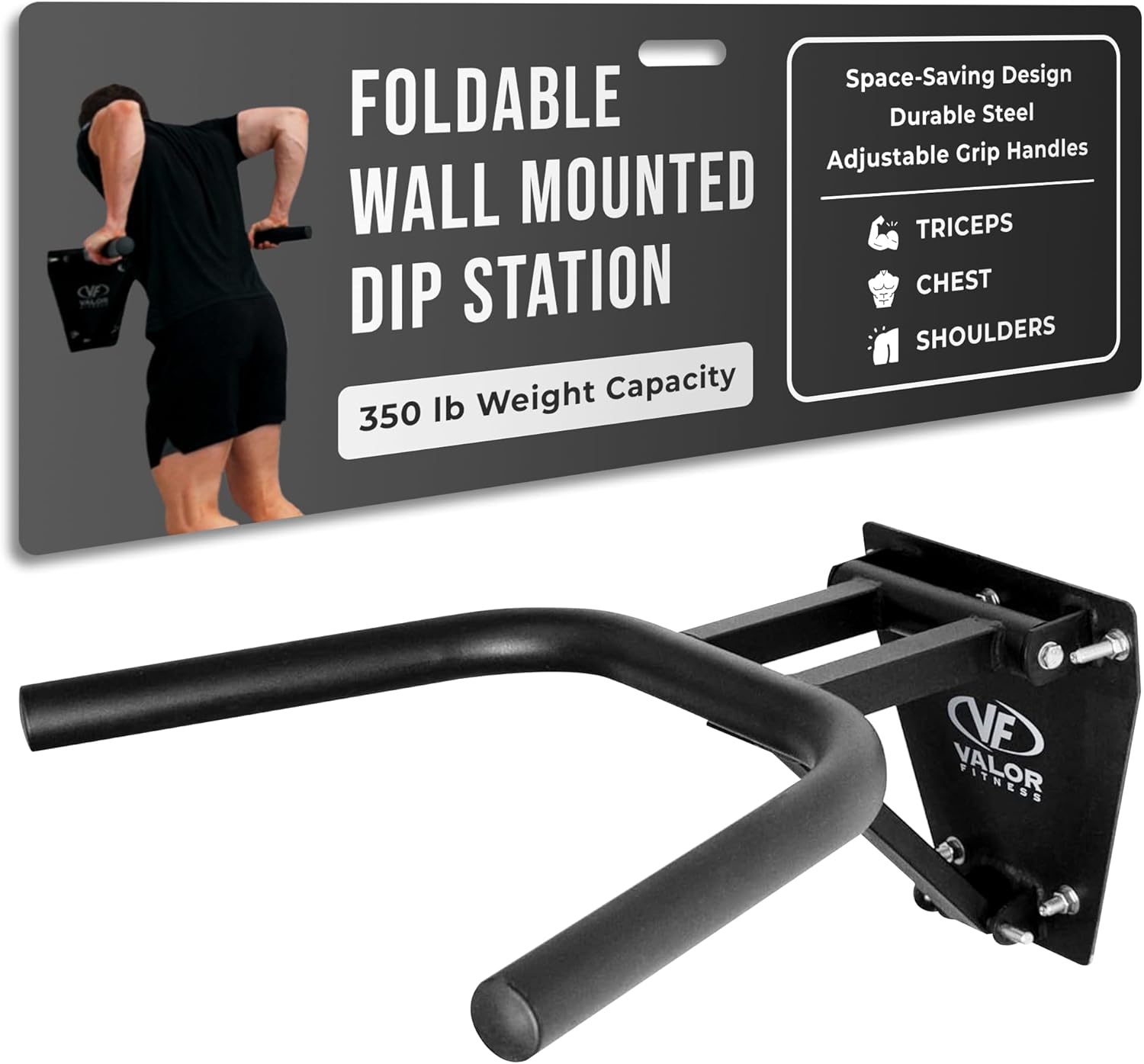 Valor Fitness Wall Mount Dip Station – Heavy-Duty Foldable Triceps Dip Bars for Home Gym Workout - 400 lb Max Weight