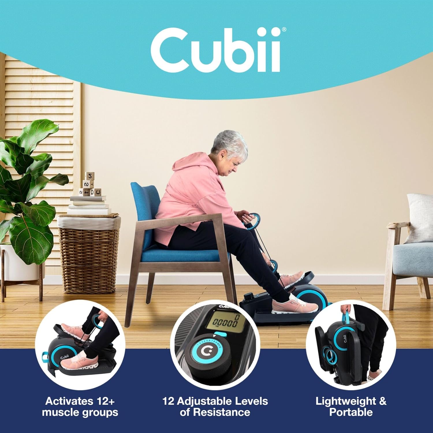 Cubii Total Body - Under Desk Seated Elliptical Pedal Exerciser with Built in Upper Body Resistance Bands, 12 Levels of Resistance, LCD Display, Whisper Quiet with Bluetooth - Adult to Seniors - Image 3