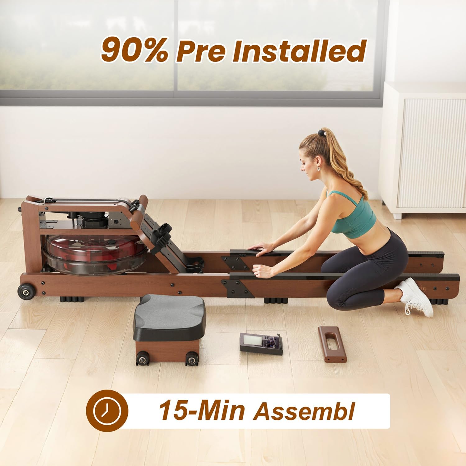 Water Rowing Machine for Home Use- Foldable Rower Machine 400LBS Weight Capacity with Dedicated Monitor & Comfortable Seat, Bluetooth APP - Image 8