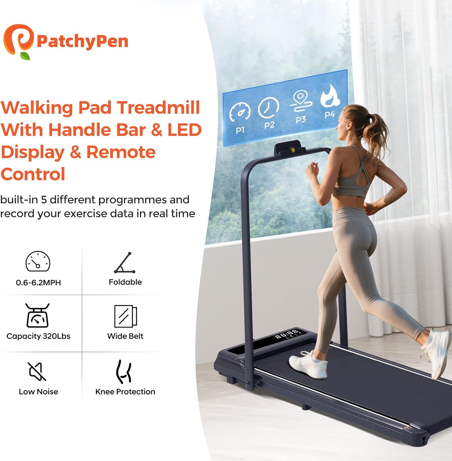 Folding Walking Pad Treadmill with Handle Bar, 3.5HP Compact Portable Foldable Walking Pads Treadmill with Handles, Electric Small Treadmills for Home Office Apartment, LED Display, 400 LBS Capacity - Image 5