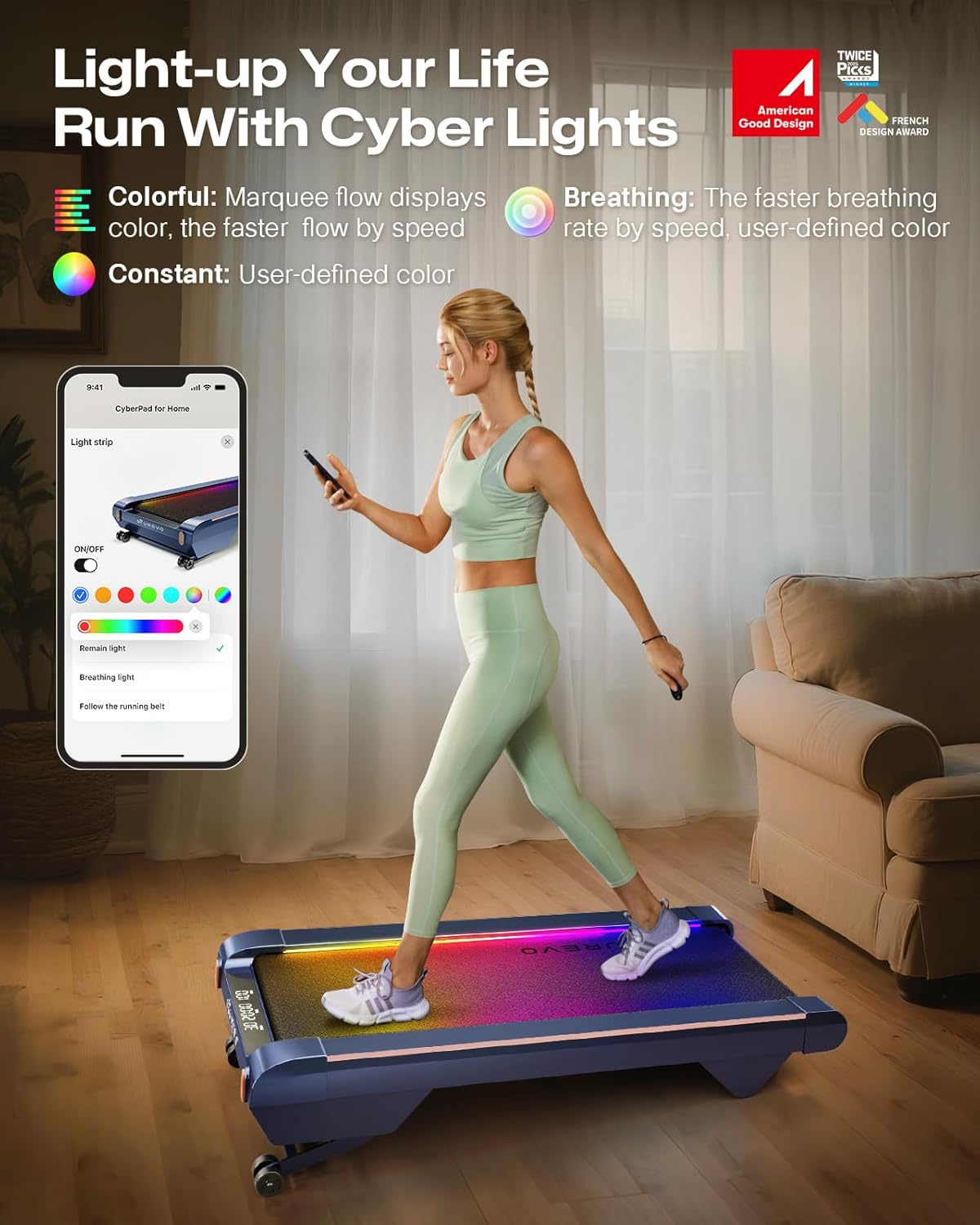 UREVO CyberPad Smart Walking Pad with 14% Incline, Under Desk Treadmill for Home Use, Extended Walking Surface, LED Remote, Speed-Responsive Lighting, Quiet Brushless Motorized, UREVO APP - Image 2