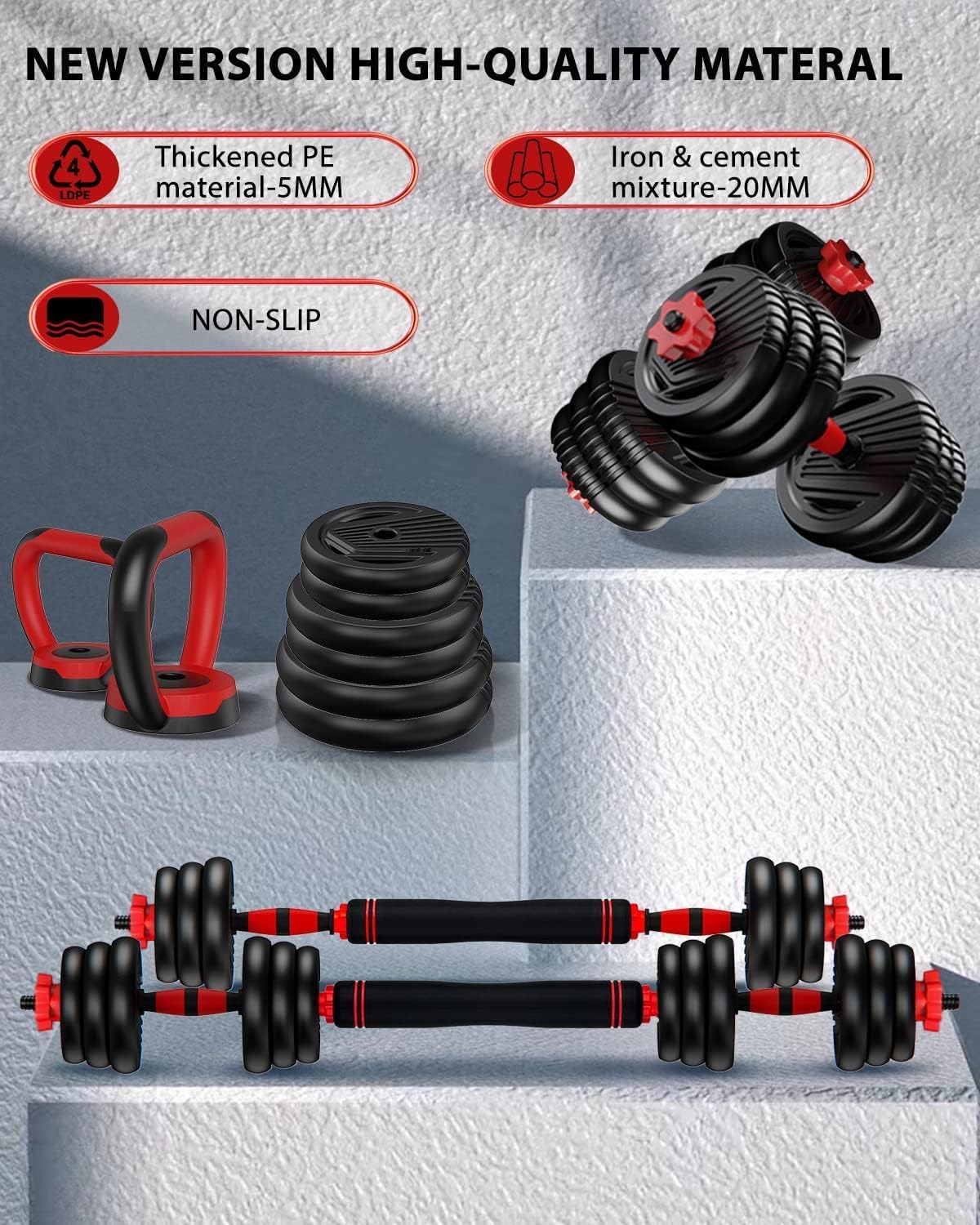 Adjustable Dumbbells, 10/20/30/45/70/90lbs Free Weight Set with Connector, 4 in1 Dumbbells Set Used as Barbell, Kettlebells, Push up Stand, Fitness Exercises for Home Gym Suitable Men/Women - Image 8