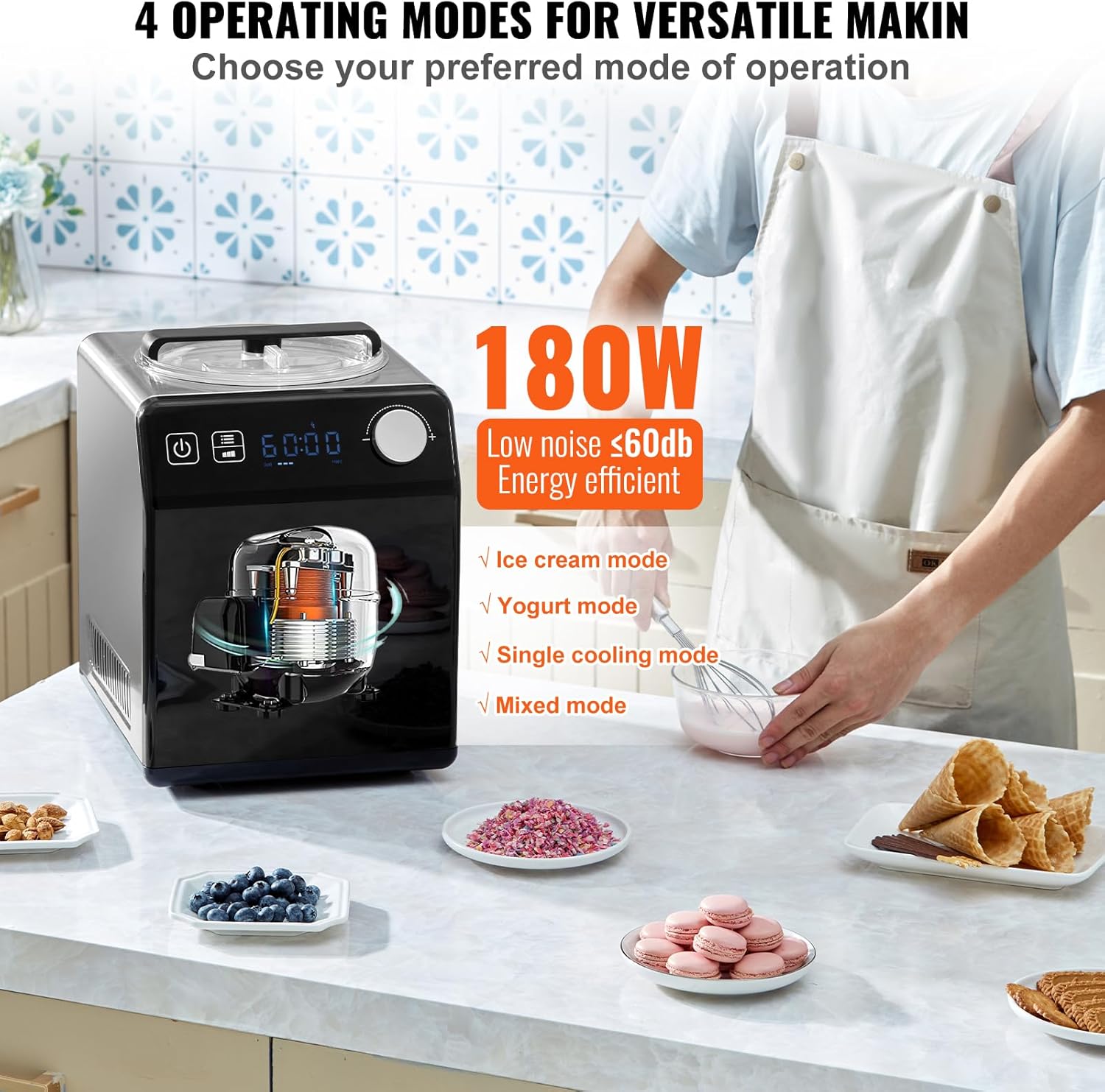 VEVOR Upright Automatic Ice Cream Maker with Built-in Compressor, 2 Quart No Pre-freezing Fruit Yogurt Machine, Stainless Steel Electric Sorbet Maker, 4 Modes Gelato Maker with Digital Display & Timer - Image 3