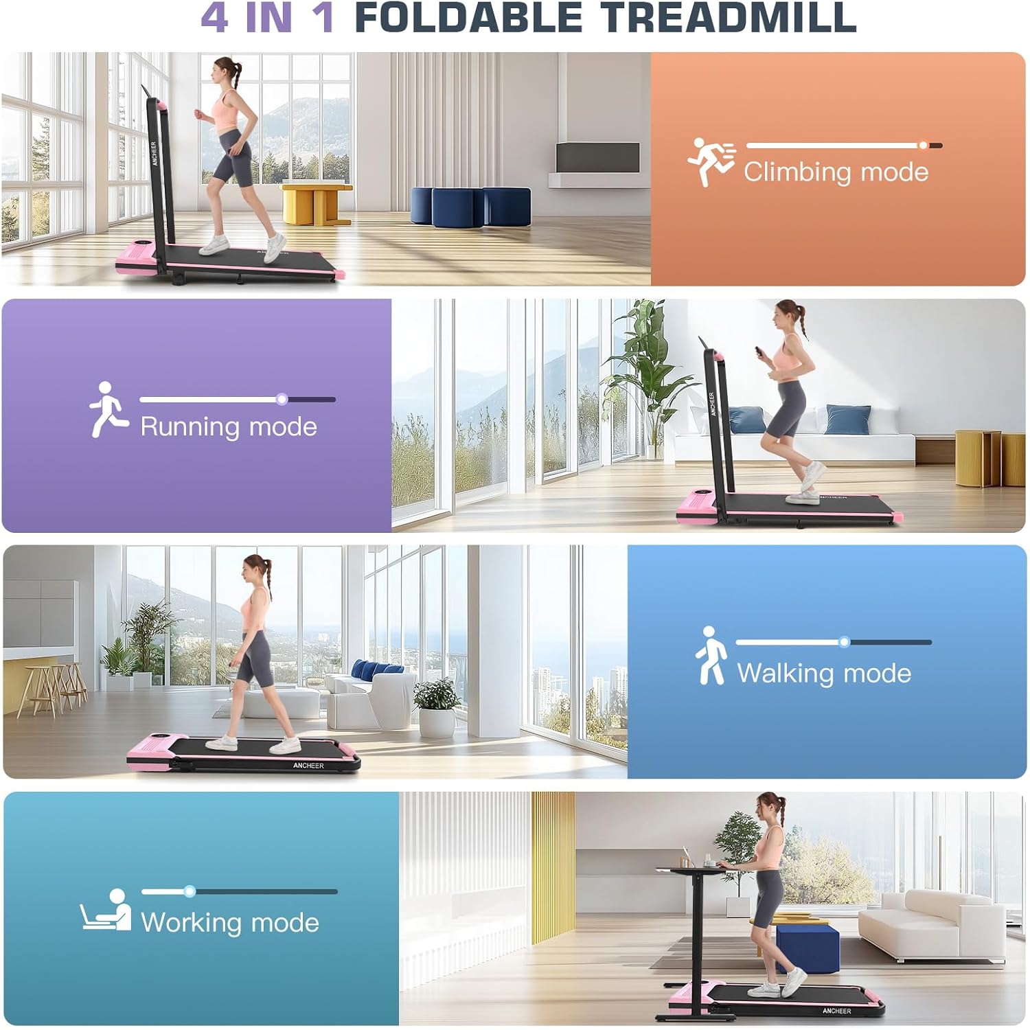 ANCHEER Walking Pad Treadmill with Incline and Handle Bar - Under Desk Treadmill 4 in 1 Folding Treadmills for Home Office/LED Display/Dual Control/12 Preset Programs - Image 7