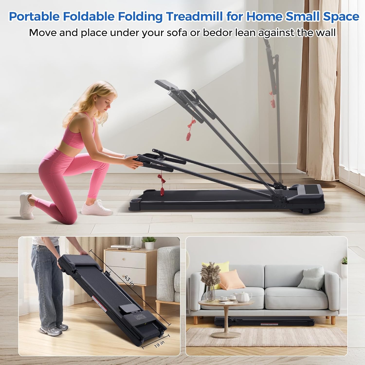 Walking Pad Treadmill with Handle Bar, Compact Portable Treadmills for Home Small, Electric Walking Pads with Handles, 3.5HP Quiet Motor and LED Display, 400 LBS Capacity - Image 6