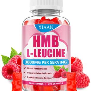 HMB and Leucine Gummies for Men & Women, 3000mg Leucine HMB Amino Acids Supplement for Muscle Growth, Muscle Relief and Workout Recovery, Sugar-Free, Raspberry Flavor, 60 Count