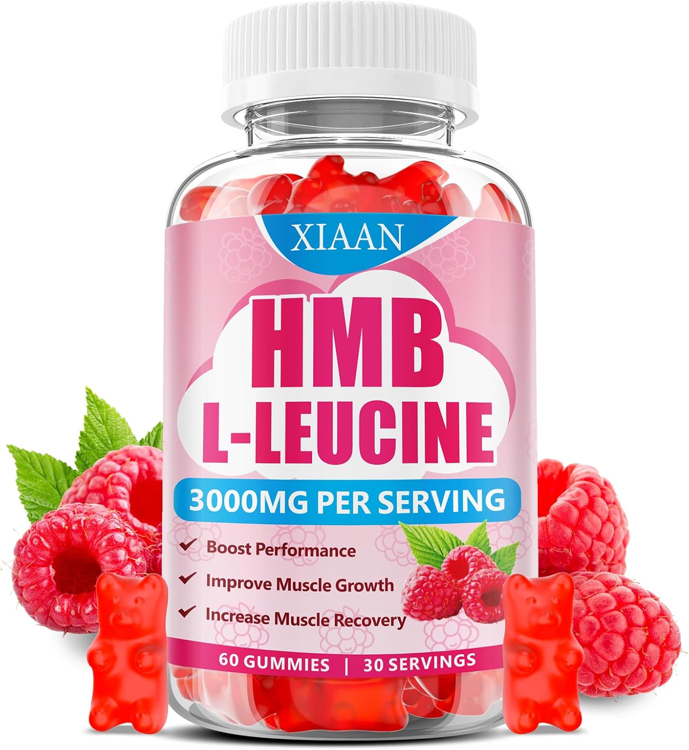 HMB and Leucine Gummies for Men & Women, 3000mg Leucine HMB Amino Acids Supplement for Muscle Growth, Muscle Relief and Workout Recovery, Sugar-Free, Raspberry Flavor, 60 Count