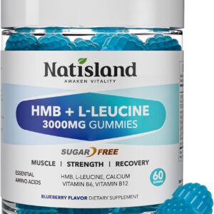HMB and L-Leucine Gummies, HMB and Leucine Amino Acid Supplements for Men & Women, Muscle Mass & Strength, Muscle Recovery & Health, Sugar-Free, Vegan, Blueberry Flavor, 60 Count
