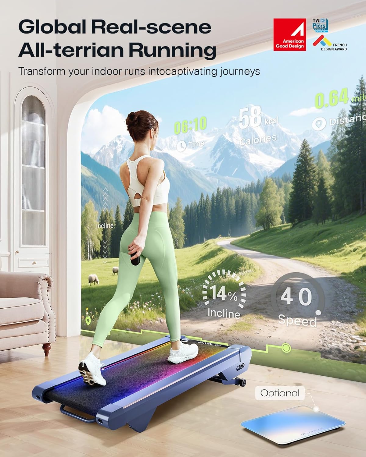 UREVO CyberPad Smart Walking Pad with 14% Incline, Under Desk Treadmill for Home Use, Extended Walking Surface, LED Remote, Speed-Responsive Lighting, Quiet Brushless Motorized, UREVO APP - Image 5