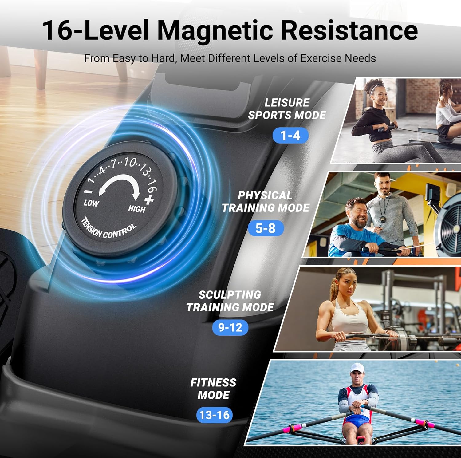 Dripex Rowing Machines for Home Use, Rowing Machine Magnetic Rower, Max 350 LBS, 16 Levels of Workout Resistance, Dual Slide Rail, Bluetooth App Compatible, LCD Monitor, Row Machine for Gym Exercise - Image 3