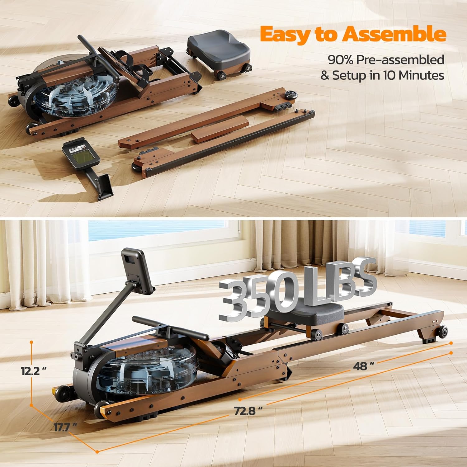 Dripex Rowing Machines for Home Foldable, Water Rowing Machine Max 350 LBS, Water Rower with Smooth Slide Rail, Comfortable Seat, Bluetooth App Supported, LCD Monitor, Wooden Row Machine for Home Gym - Image 5