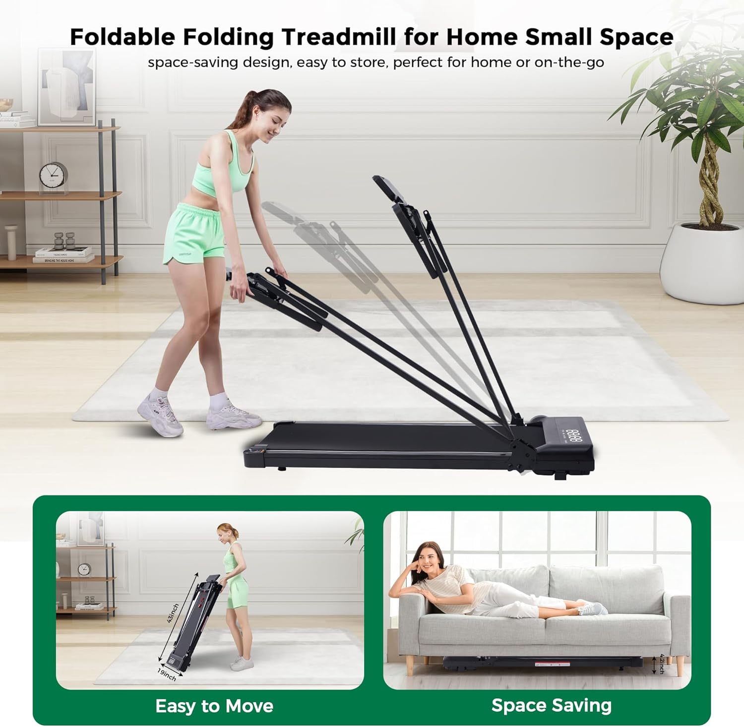 Compact Walking Pad with Handle Bar, Foldable Electric Treadmill with Handles and 3.5HP Powerful Motor, Portable Small Walking Pads Treadmill for Home Small Spaces,400LBS Weight Capacity - Image 6
