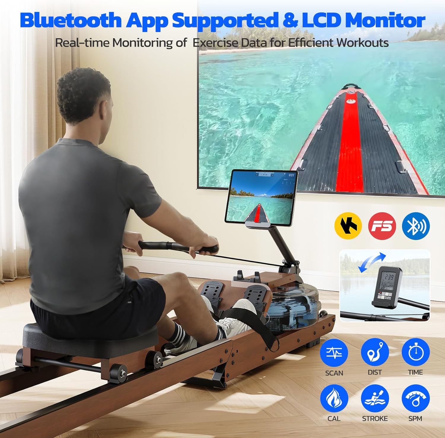 Dripex Water Rowing Machines for Home Use, Foldable Row Machine with 400LBS Weight Capacity, Rower Machine with Dedicated LCD Monitor, Comfortable Seat, Bluetooth App Compatible for Home Gym Exercise - Image 6