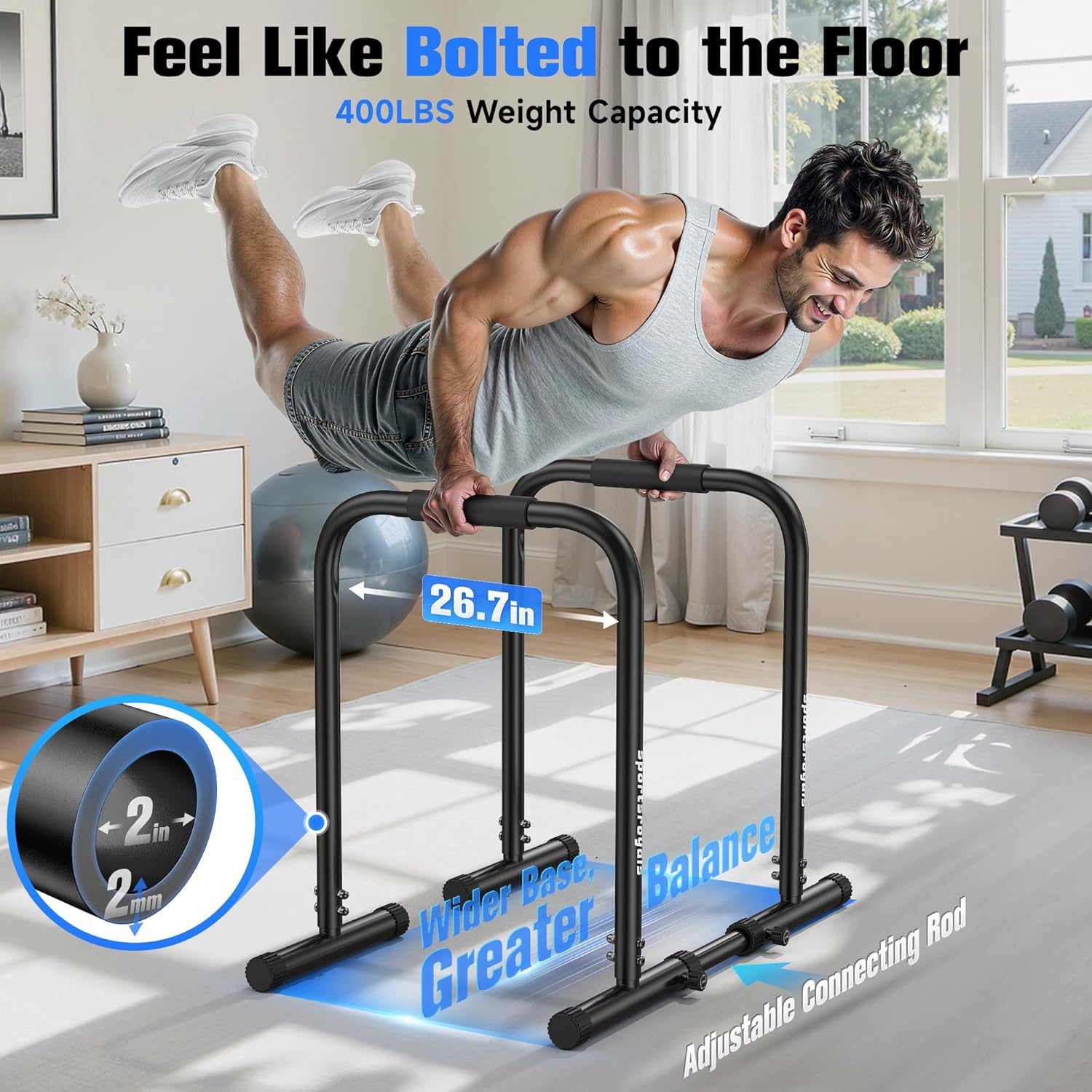 Sportsroyals Adjustable Dip Bar Station, Heavy Duty Parallette & Parallel Bars, 400LBS Stable Dip Stands for Home Gym, Calisthenics & Upper Body Workout Equipment - Image 2
