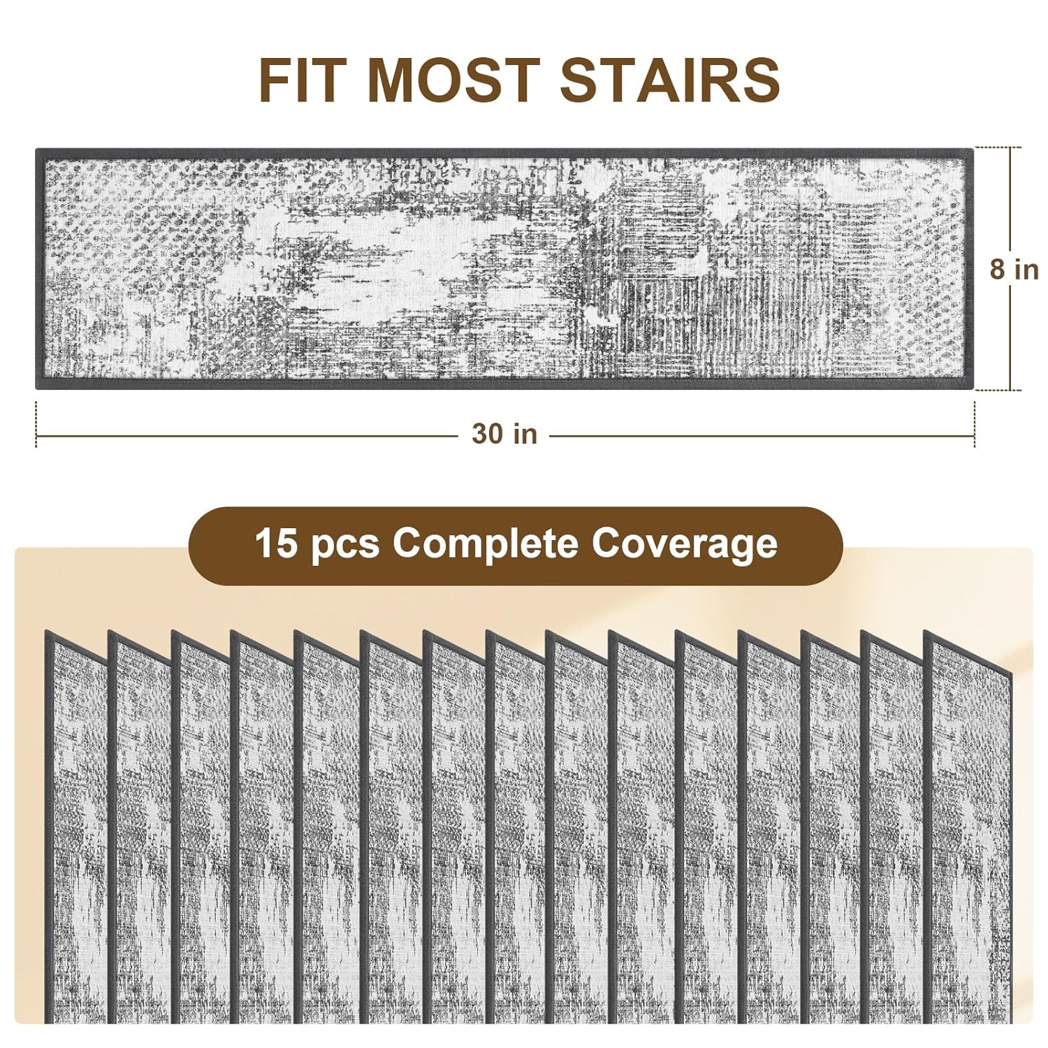 Non Slip Stair Treads for Wooden Steps Indoor, Grey, 15pcs, 30"X8", Soft Carpet Mat, Machine Washable Boho Carpet Treads with Reusable Adhesive Backing, Safety Stair Tread for Dogs, Kids, Elders - Image 5