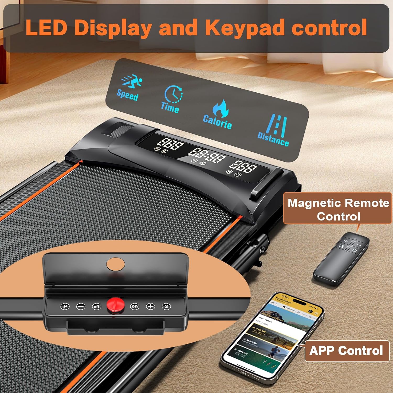 7.8MPH Incline Treadmill for Home, Walking Pad with Handle Bar, Under Desk Compact Treadmill with 350 Lbs Capacity, LED Display & APP, Remote Control, 3.0HP - Image 5