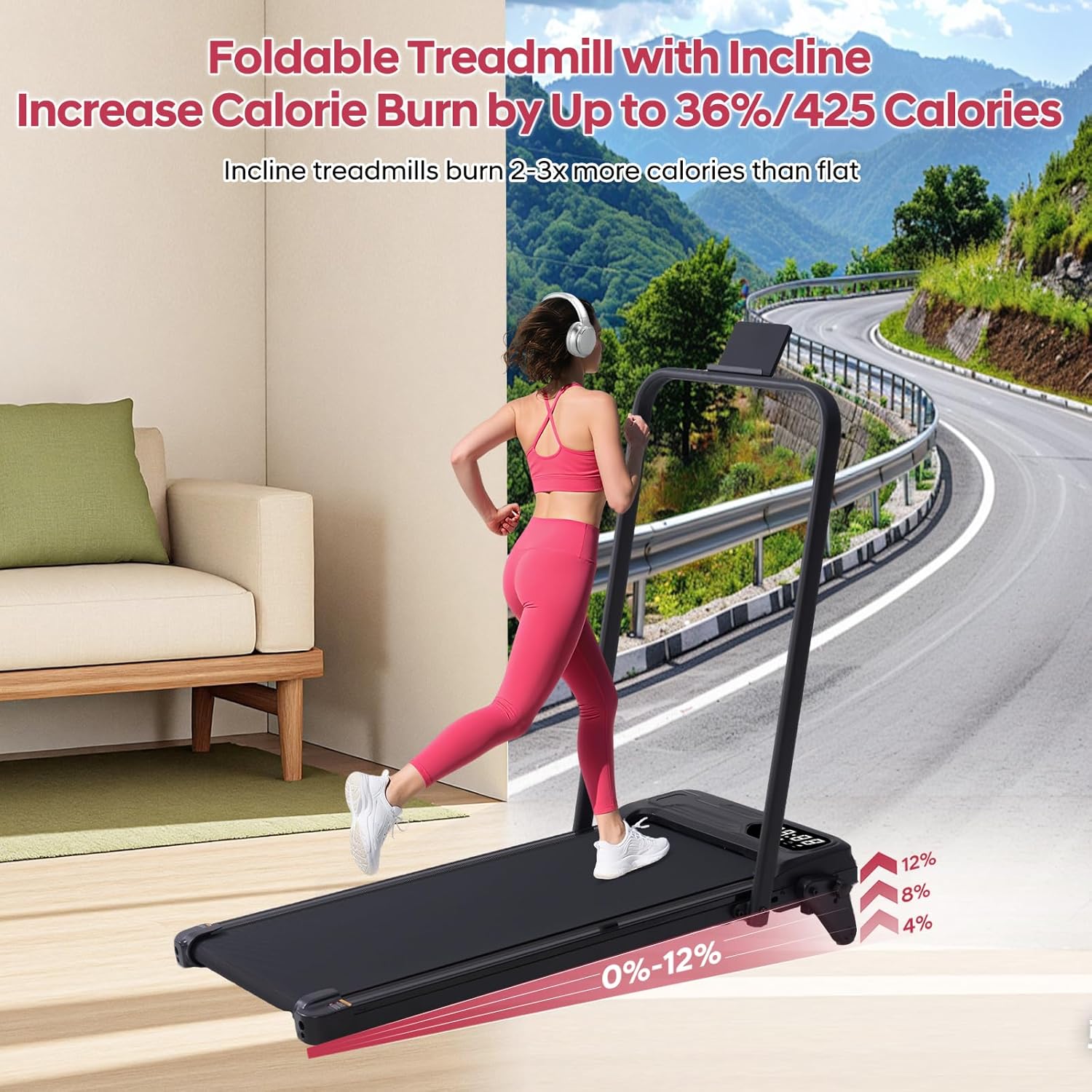 Foldable Walking Pad Treadmill with Adjustable Incline and Handle Bar, 3.5HP Portable Folding Treadmills for Home Small, 4 in 1 Under The Desk Electric Treadmill with Handles, 0.6-7.6MPH, 350LBS - Image 4