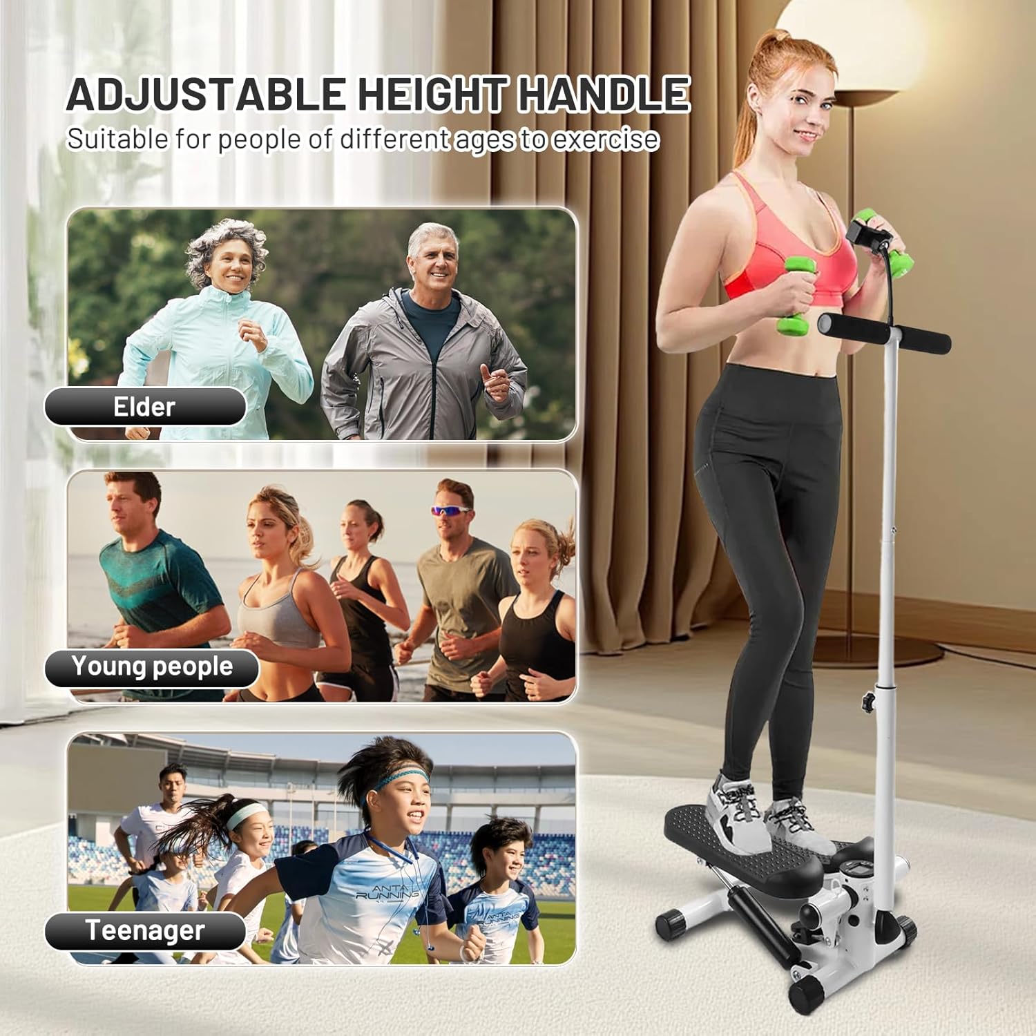 Adjustable Height Stair Stepper with Resistance Bands and LCD Monitor - 330 lb Capacity, Handlebar and Phone Stand for Home Workouts - Image 6