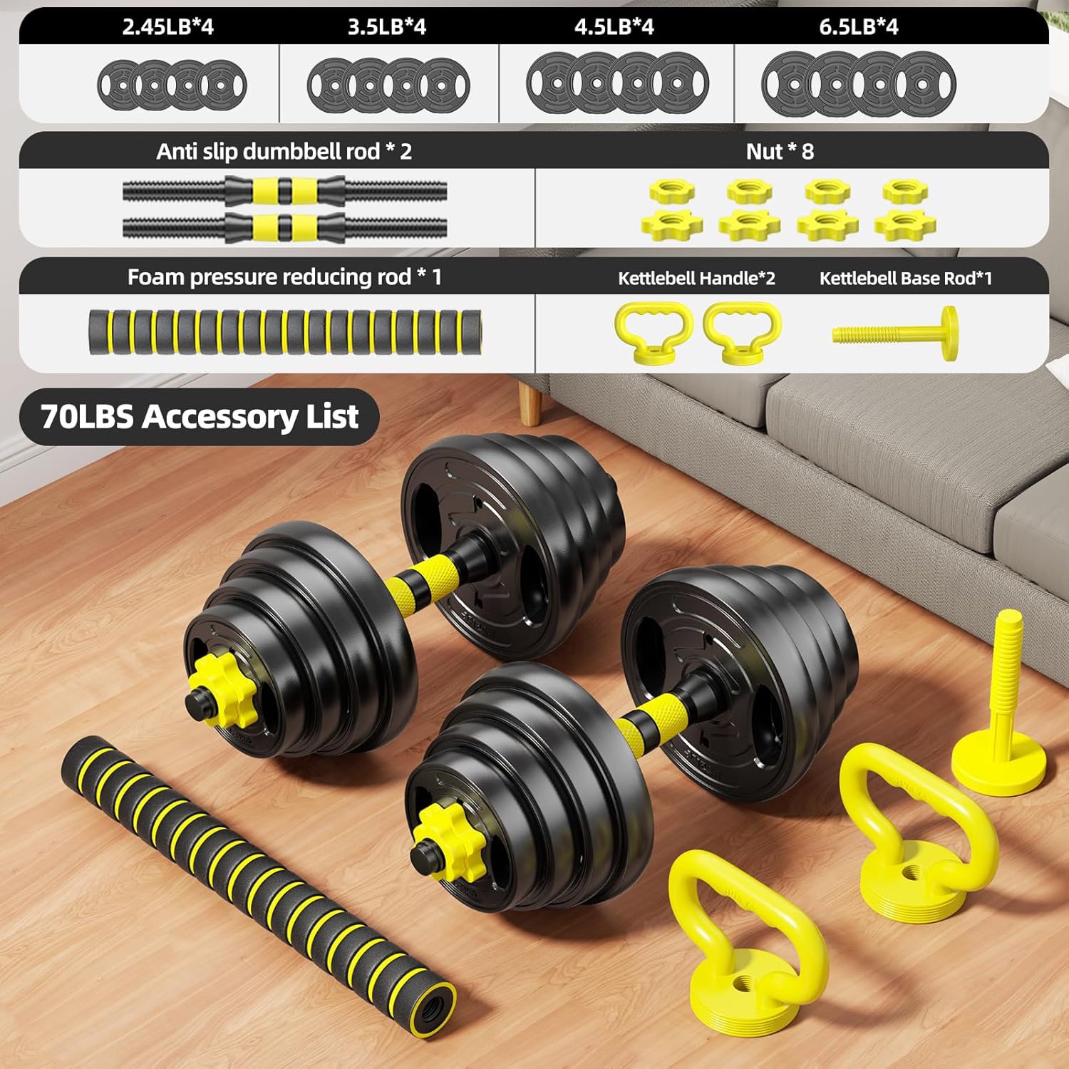 Adjustable Dumbbell Set, 10-90lbs Free Weights with Connector – 4 in 1 Dumbbells, Barbell, Kettlebell & Push Up Stand, Adjustable Weights Set for Home Gym Fitness Equipment for Men & Women - Image 2