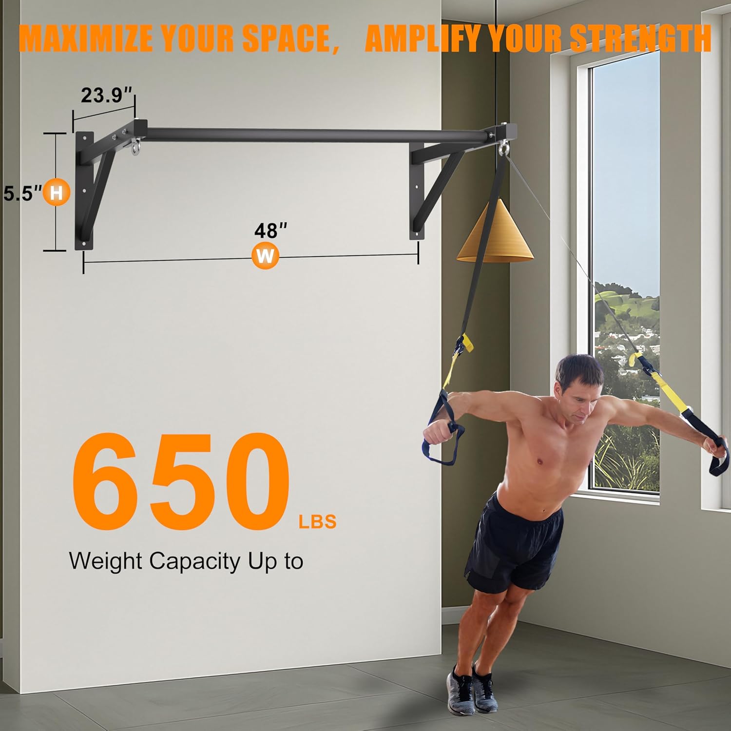 Pull Up Bar Wall Mounted, Heavy Duty 650 lbs Capacity Chin Up Bar, 48" Multi-Grip Strength Training Pull-up Bars, for Home Gym Garage/Backyard Total Body Workout, Ease Of Use Mounting - Image 2