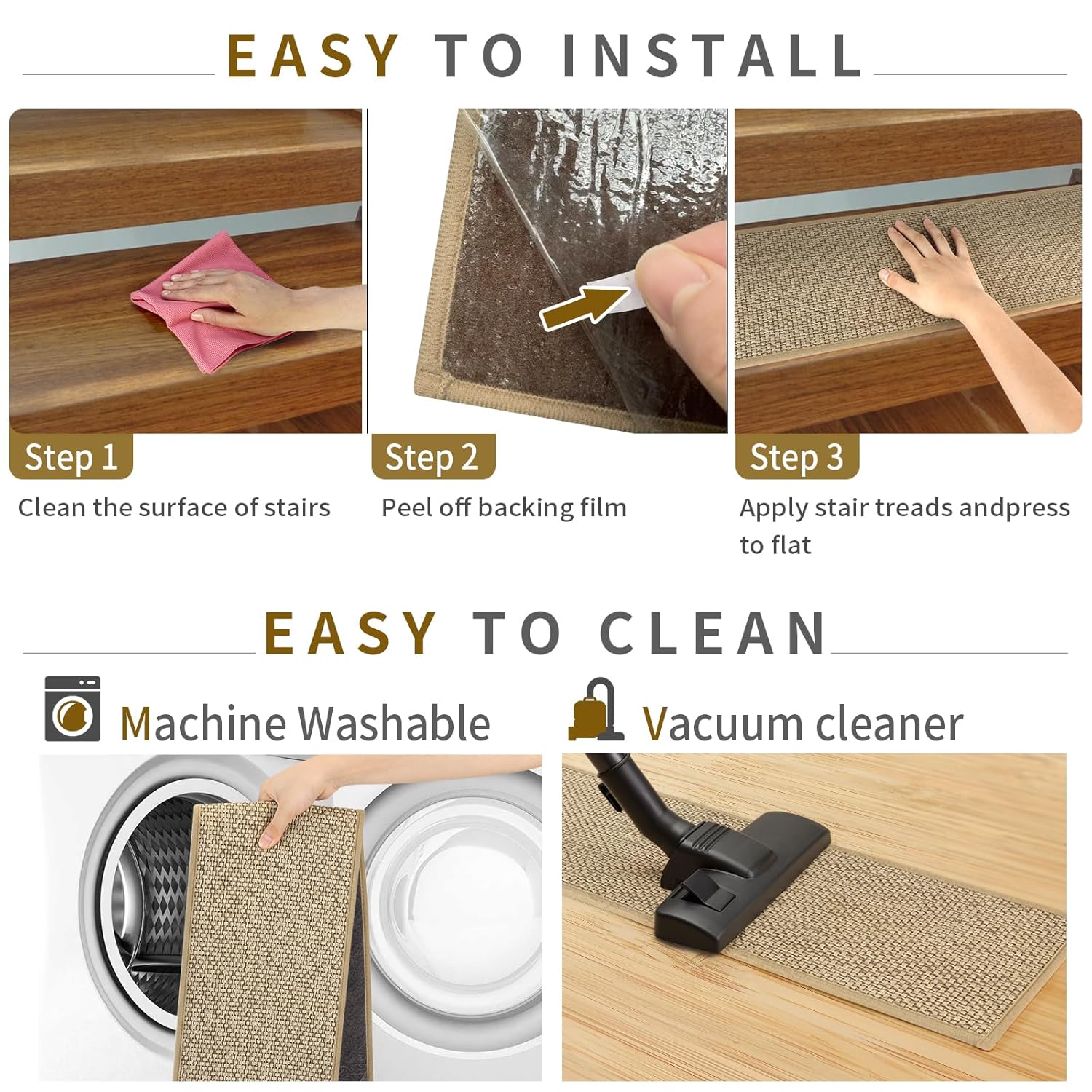 Stair Treads Non Slip for Wooden Steps Indoor 10" x 36" 15 Pack Extra Wide Stair Tread Carpet Stairs Runner, Step Pads with Reusable Adhesive for Dogs Kids Elders, Machine Washable, Beige - Image 4