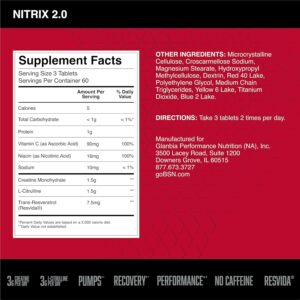 BSN NITRIX 2.0 – Nitric Oxide Precursors, 3g Creatine, 3g L Citrulline – Supports Workout Performance, Pumps, Muscle Recovery and Endurance – 180 Tablets (1049682)