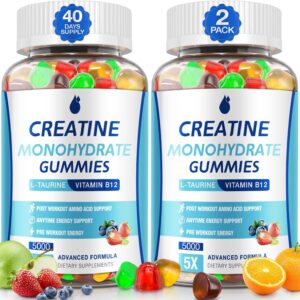 Creatine Gummies for Men & Women – Creatine Monohydrate Gummies 5g, Muscle Builder, Energy Boost & Pre-Workout Supplement, Low Sugar Taurine Chewable Gummy 2 Pack