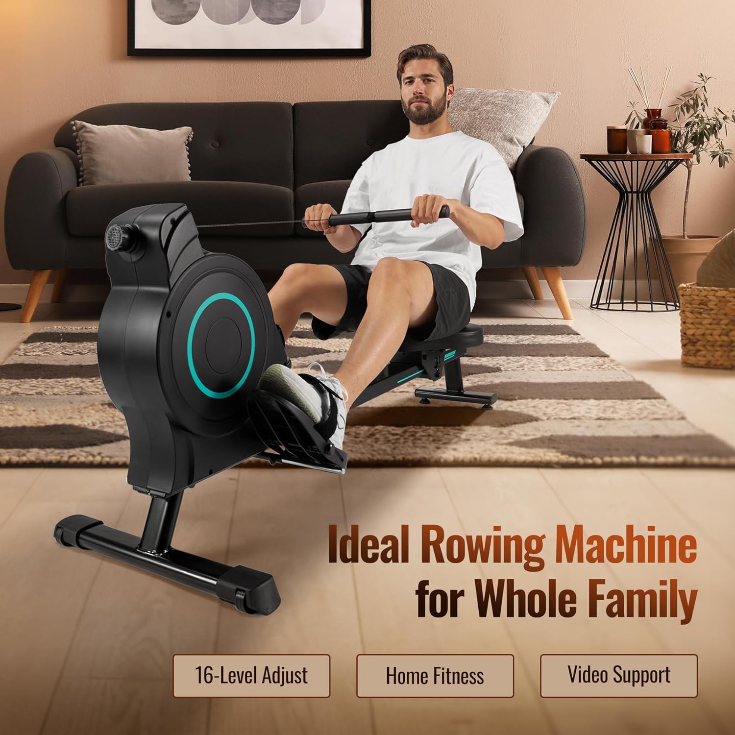 Rowing Machine for Home Row Rower Machine with 16-Level Adjustable Resistance, LCD Monitor, 350 lbs Capacity, Whisper Quiet, Compact & Space-Saving with Transport Wheels for Home, Office, Apartment - Image 4