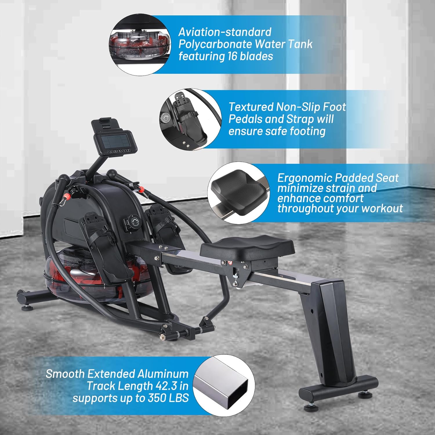 Rowing Machine, Magnetic Rowing Machine with 16 Levels of Quiet Dual Slide, Rowing Exercise Equipment for Home Use, App Compatible, 350lb Weight Capacity - Image 5
