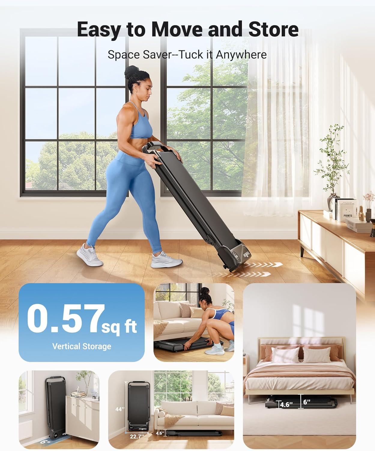 THERUN Walking Pad, 2 in 1 Foldable Treadmills for Home, 2.5HP Under Desk with Handle Bar, 16" Widened Running Belt, with Remote Control - Image 6