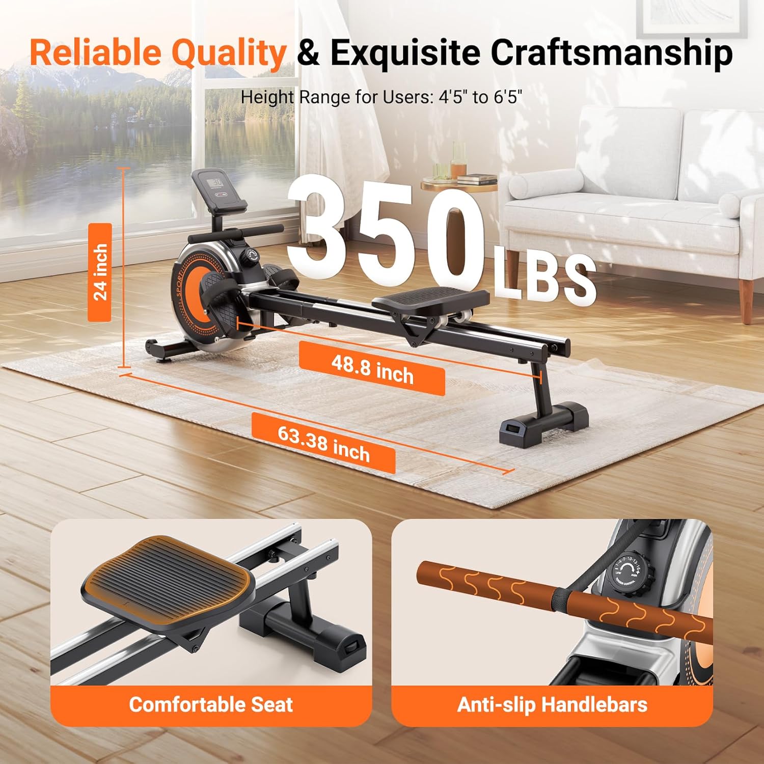 Dripex Rowing Machines for Home Use, Rowing Machine Max 350 LBS, Magnetic Rower with 16 Levels of Workout Resistance, Dual Slide Rail, Bluetooth App Supported, LCD Monitor,Row Machine for Gym Exercise - Image 6