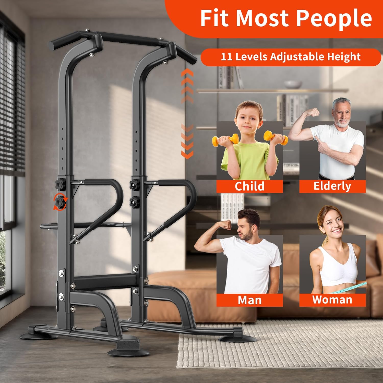 SogesHome Power Tower 11 Height Adjustable Pull Up Bar and Dip Station Multi-Function Strength Training Fitness Equipment for Home Office Gym - Image 7