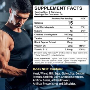 Creatine Monohydrate Gummies, Creatine for Women & Men, Pre Workout Creatine Monohydrate Gummies with Taurine, Vitamin B6 & B12 for Muscle, Strength, Energy, Endurance, Vegan, Organic, 60 Count