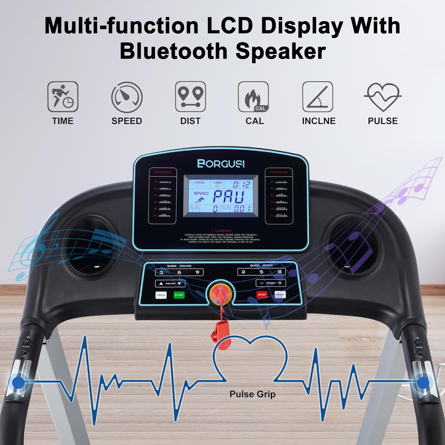 Auto Incline Treadmill with 300 LBS Capacity, 17.5" Wide 3 HP Folding Electric Treadmill Max 8.5 MPH Speed, Running Machine with Bluetooth Speaker & LCD Display for Home Use - Image 6
