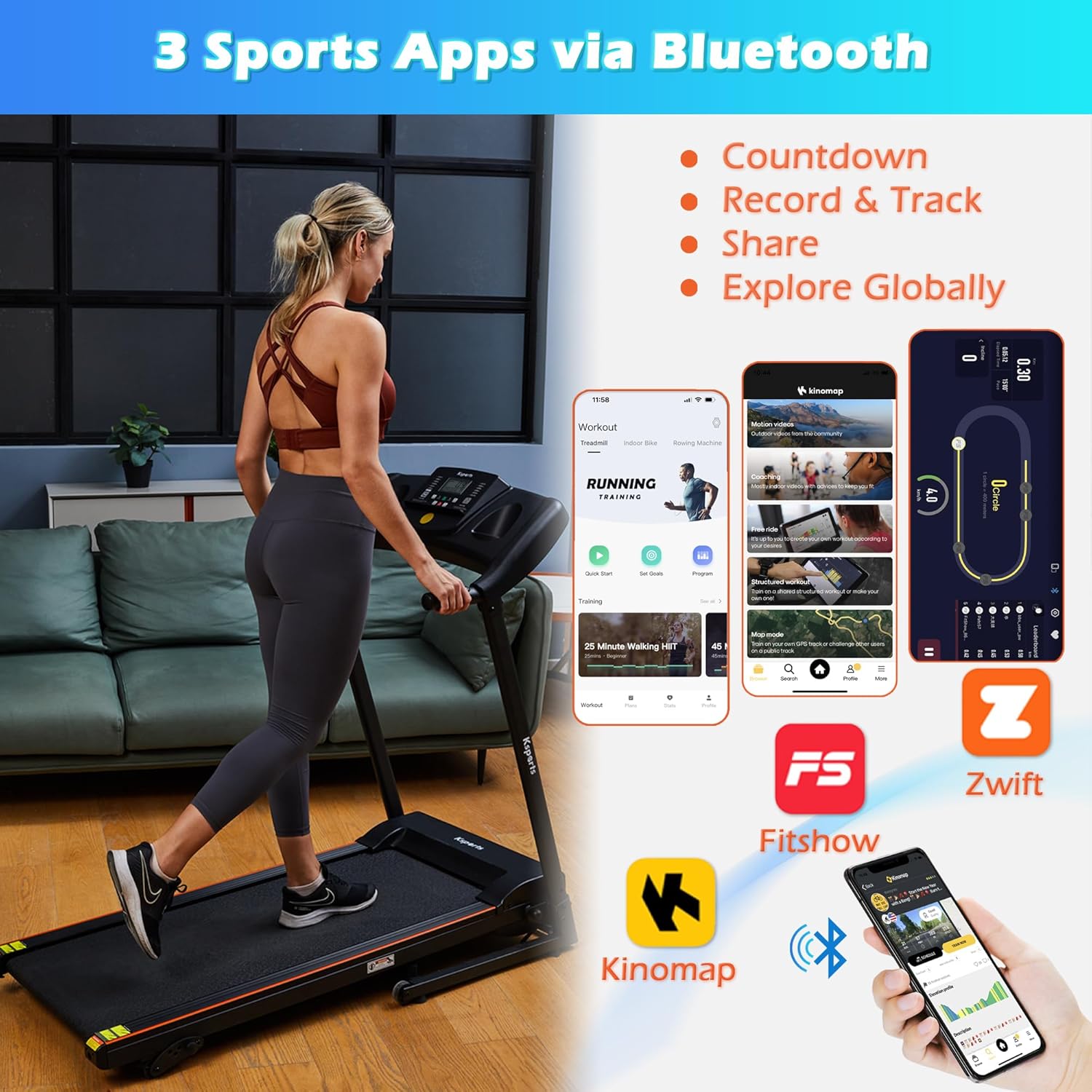 Ksports Foldable 16.5 Inch Cardio Fitness Portable Treadmill with Bluetooth Connectivity, LCD Display, and Tracking Apps for Home Gym Equipment, Black - Image 6