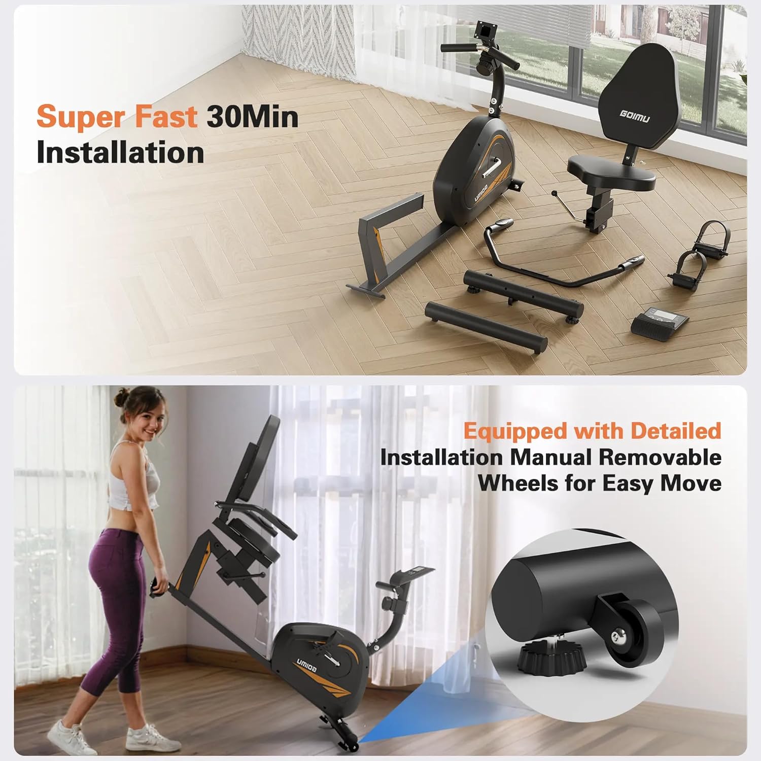 Recumbent Exercise Bike, Stationary Bikes for Home Magnetic Recumbent Bike with Adjust Seat for Adults Seniors, 300LB Capacity & 8-level Resistance, LCD Monitor and Heart Rate Handle - Image 7