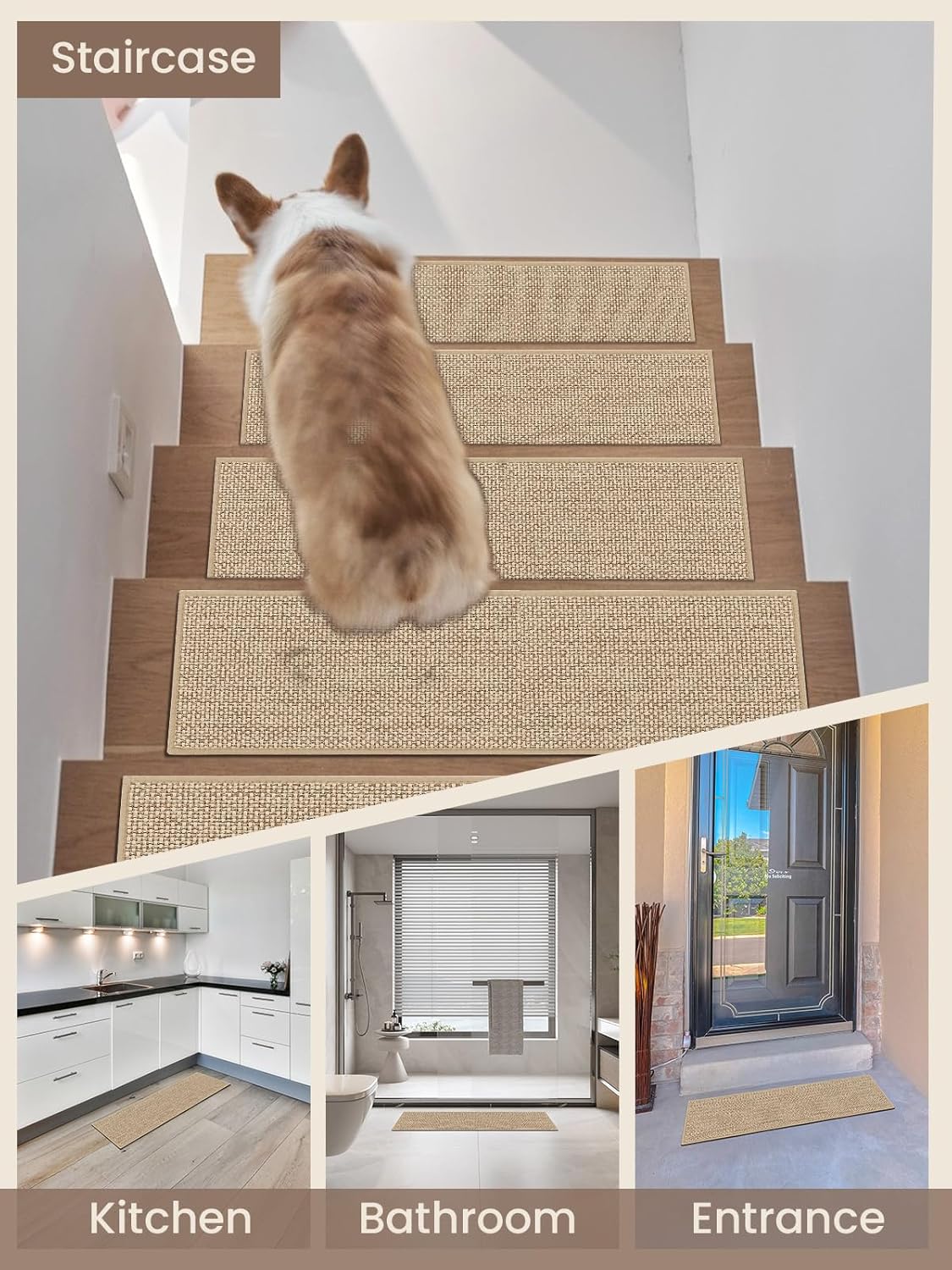 Stair Treads for Wooden Steps Indoor, Peel and Stick Stair Treads,Stair Runners, Non-Slip Carpet Stair Treads for Kids, Elders & Pets, Machine Washable, Reusable(15PCS,Beige) - Image 7