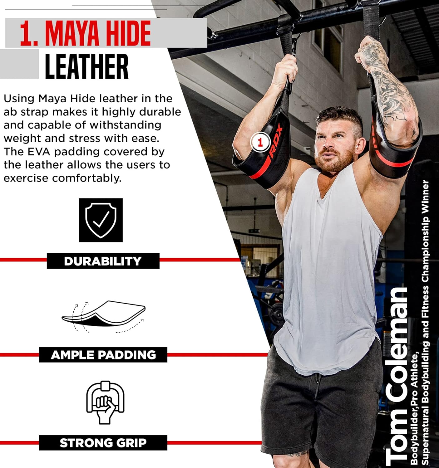 RDX AB Straps for Pull Up Bar Hanging (Pair), Maya Hide Leather, Abdominal Muscle Building Padded Arm Support Slings with D-Ring Strap, Leg Raise Exercise Fitness Workout Strength Training, Men Women - Image 3