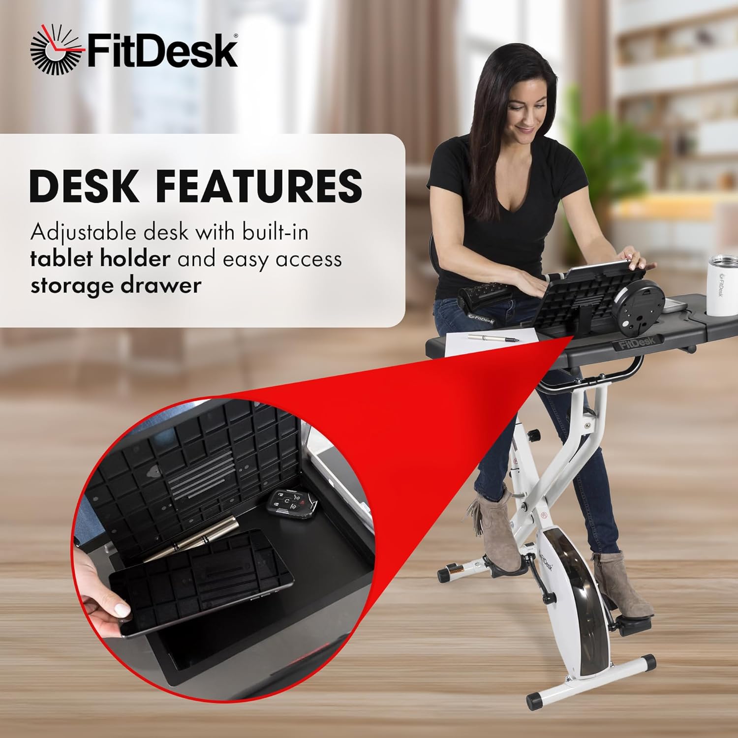 FitDesk Standing Exercise Bike Desk 3.0, Adjustable Height Indoor Cycling Trainer, Tablet Holder, Fitness Table, Portable Exercise Table, Resistance Bands, Home & Office Bike, Supports Up to 300 lbs - Image 7