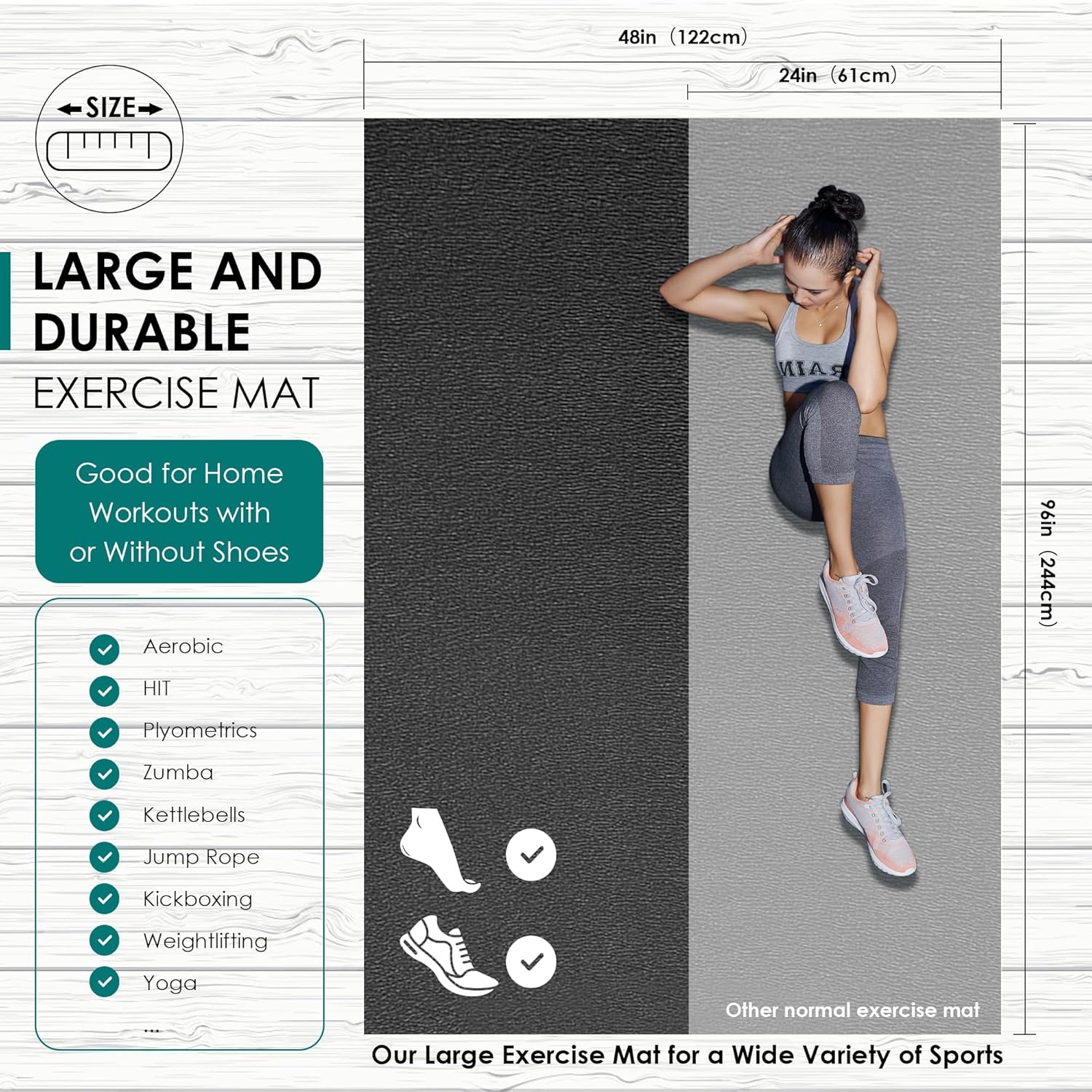 Large Exercise Mat, 8' x 6'/8' x 4'/6' x 4' Extra Durable Workout Mats for Home Gym Flooring, High-Density Gym Mats Cardio Mat for Jump Rope, MMA, Stretch, HIIT, Shoe-Friendly, Non-Slip, Non-Toxic - Image 3