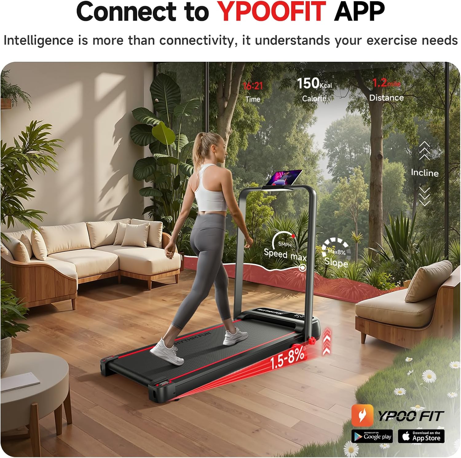 RHYTHM FUN Incline Foldable Treadmill, Walking Pad Treadmill with Incline, 300 lbs Portable Treadmills with Handles for Home Office Use, Under Desk Compact Walking Pad - Image 5