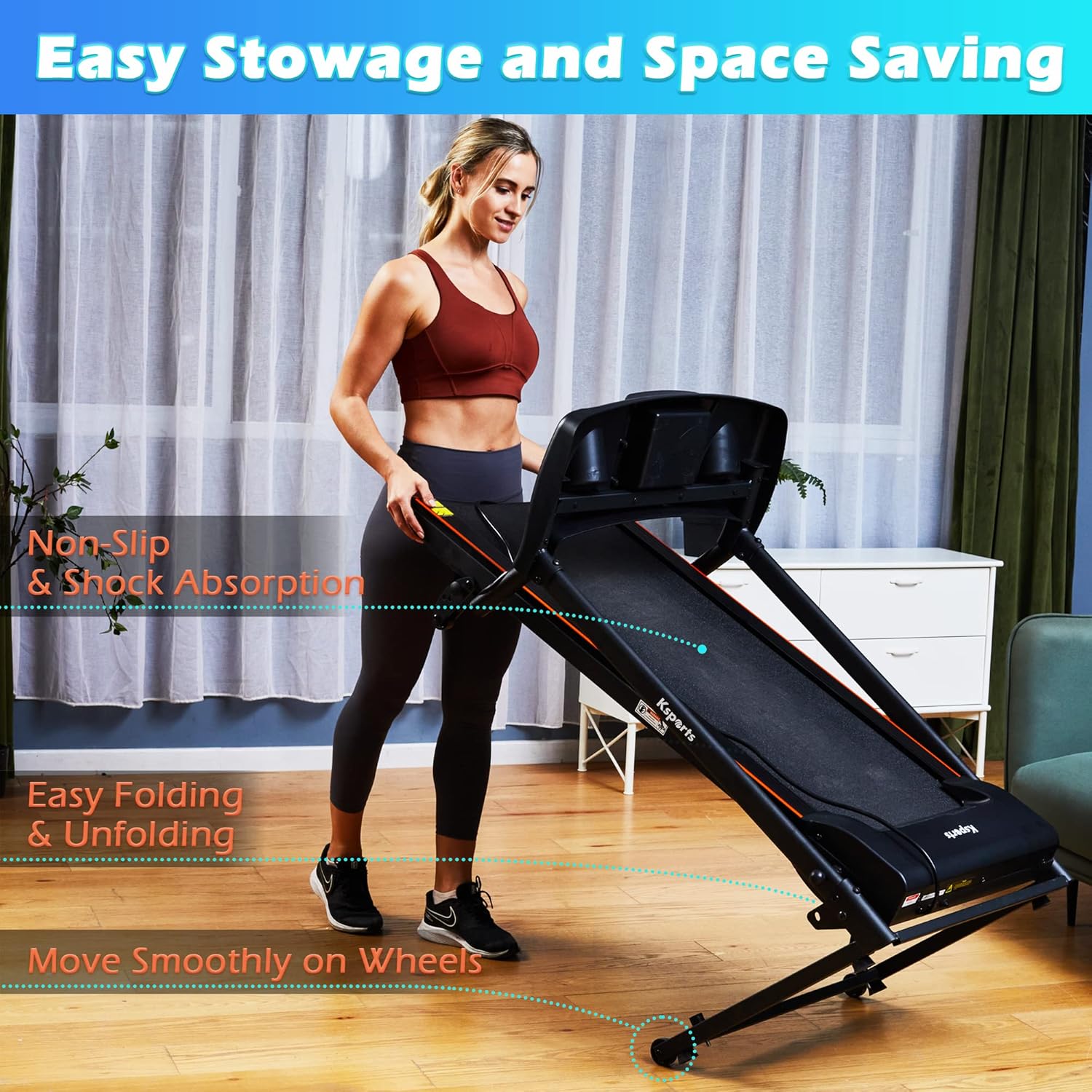 Ksports Foldable 16.5 Inch Cardio Fitness Portable Treadmill with Bluetooth Connectivity, LCD Display, and Tracking Apps for Home Gym Equipment, Black - Image 8
