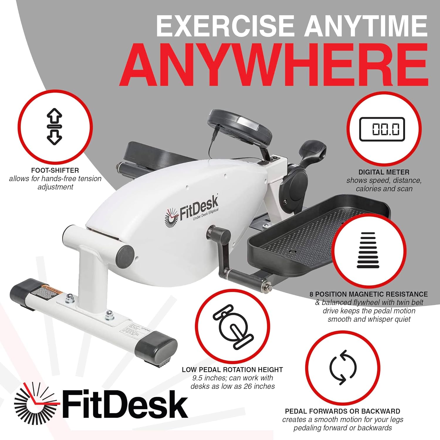 FitDesk Under Desk Bike Exercise Machine, Compact Magnetic Pedal Exerciser, Mini Elliptical, Quiet Seated Cardio Trainer for Home Office Workouts, Adjustable Resistance Bike for Desk Fitness - Image 5